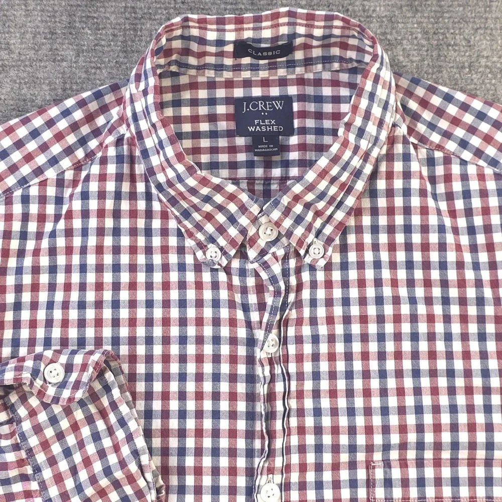 J Crew Flex Washed Shirt Large Classic Red Blue Check Long‎ Sleeve Button Down